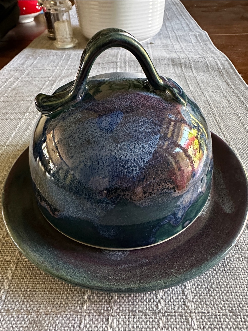 Artisan Made Ceramic Butter Dish - Blue Green Red Iridescent Glaze